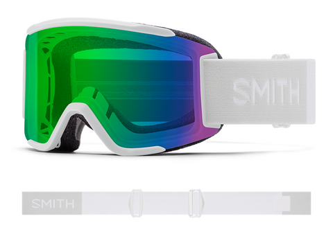 Smith goggles with green lens and white frame on a white background