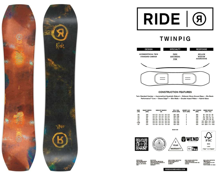 Ride Twinpig Snowboard 2026 Board Only Snow and Surf