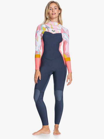 ROXY SYNCRO 3/2 Chest Zip Womens Wetsuit - JET GRY/CORAL FLME/TEMPLE GOLD